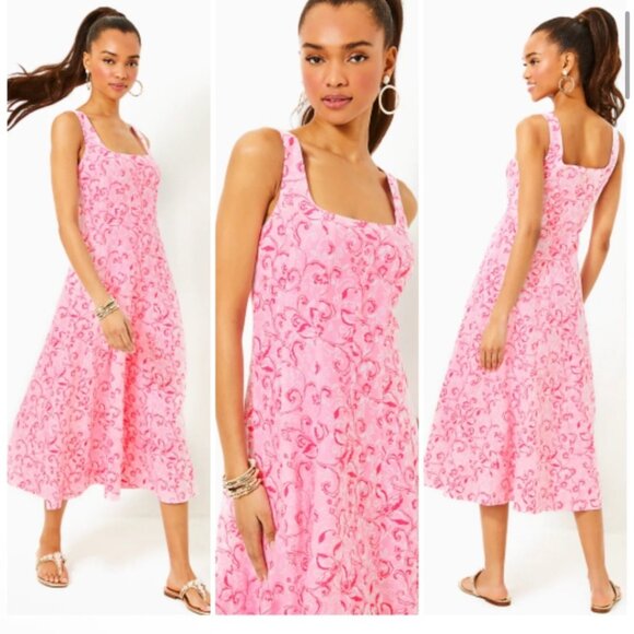 Lilly Pulitzer Calina Linen Midi Dress Pink Size 14 NWT - Picture 2 of 3
